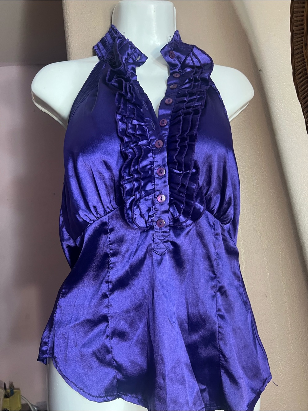 At Last Purple Satin Ruffled Halter Blouse